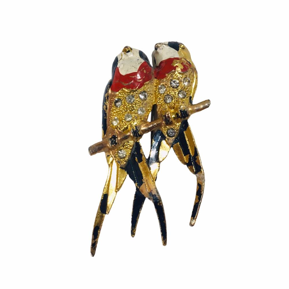 Vtg Brooch Pin Rhinestones Colorful 2 Birds Costume Jewelry 50's Hand Painted US
